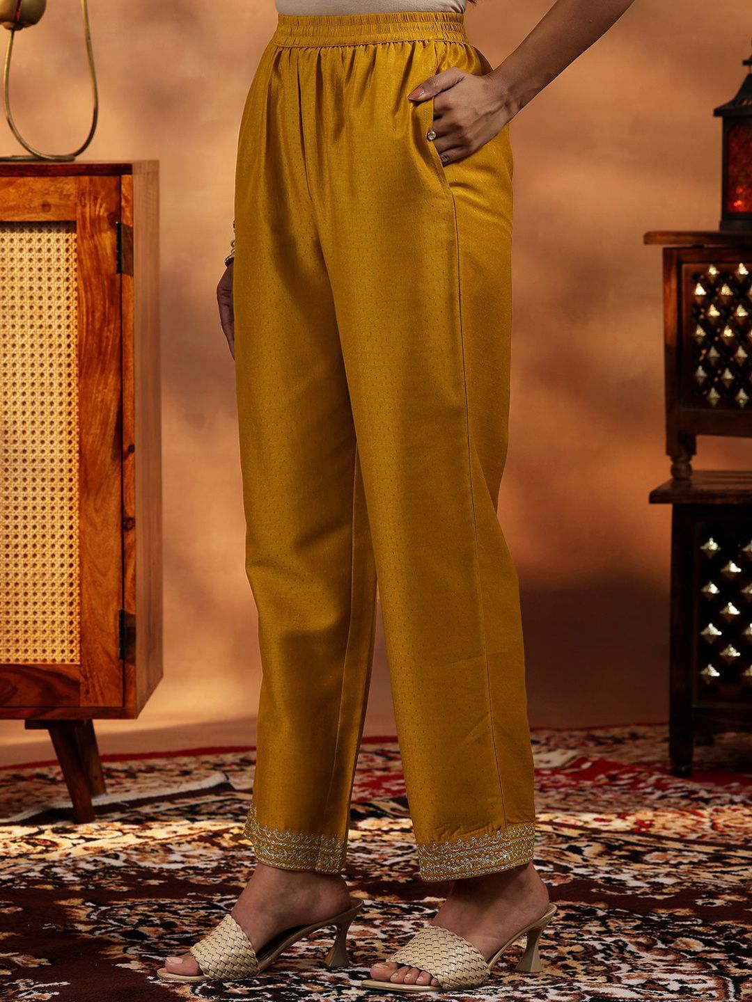 Libas Floral Embroidered Zari Yoke Design Panelled A Line Kurta with Palazzos & Dupatta