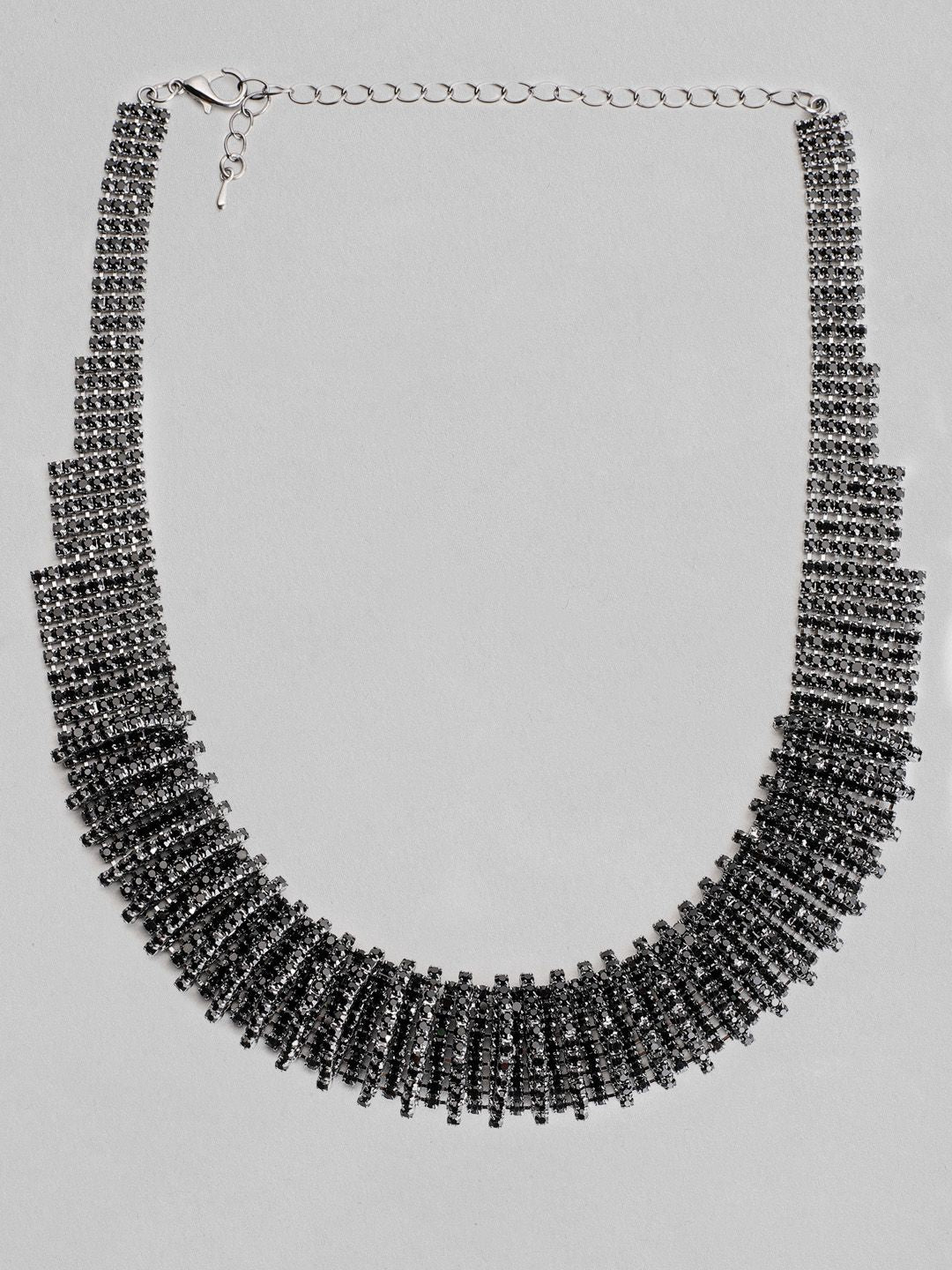 Rubans Rhodium Plated Black Oxidized Rhinestone Studded Statement Choker Necklace