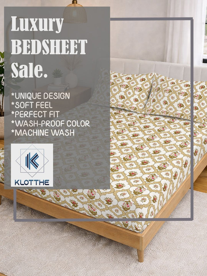 KLOTTHE Yellow & White Printed 300 TC Double Bedsheet With 2 Pillow Covers- 2.5 m x 2.25 m