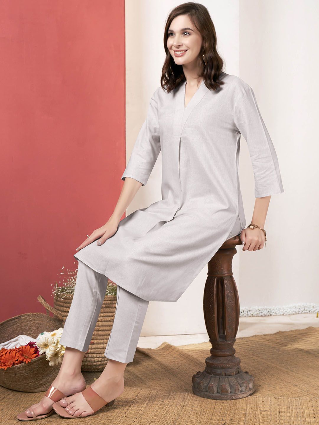 Anouk Grey V-Neck Pure Cotton Tunic With Trousers