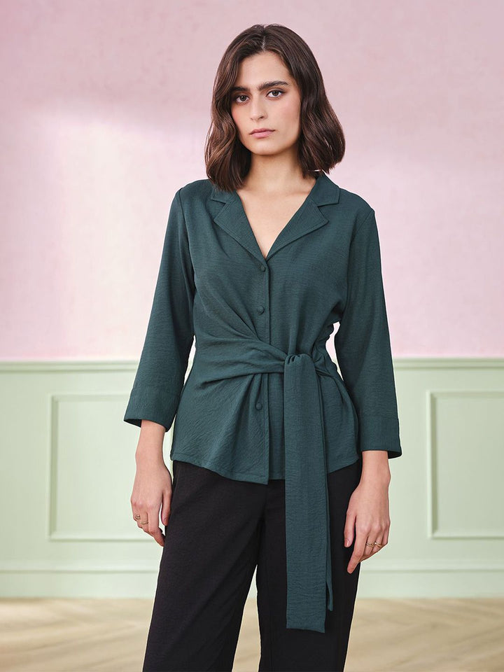 AND Women Lapel Collar Three-Quarter Sleeves Top