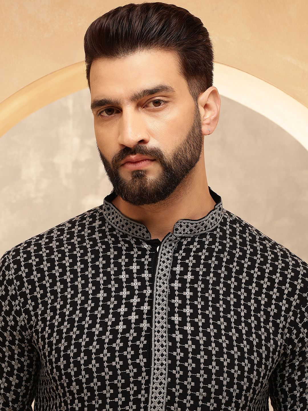 Anouk Grey Floral Embroidered Mandarin Collar Sequinned Pure Cotton Kurta With Pyjama