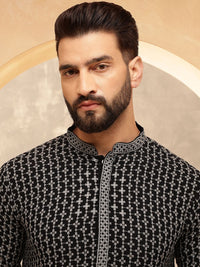 Anouk Grey Floral Embroidered Mandarin Collar Sequinned Pure Cotton Kurta With Pyjama
