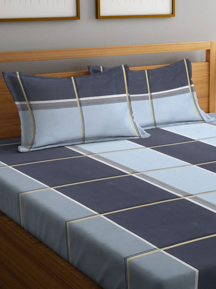 Myntra Elegant Homes Blue & Grey Checked Printed 300 TC King Bedsheet Set 2.50 x 2.20 m