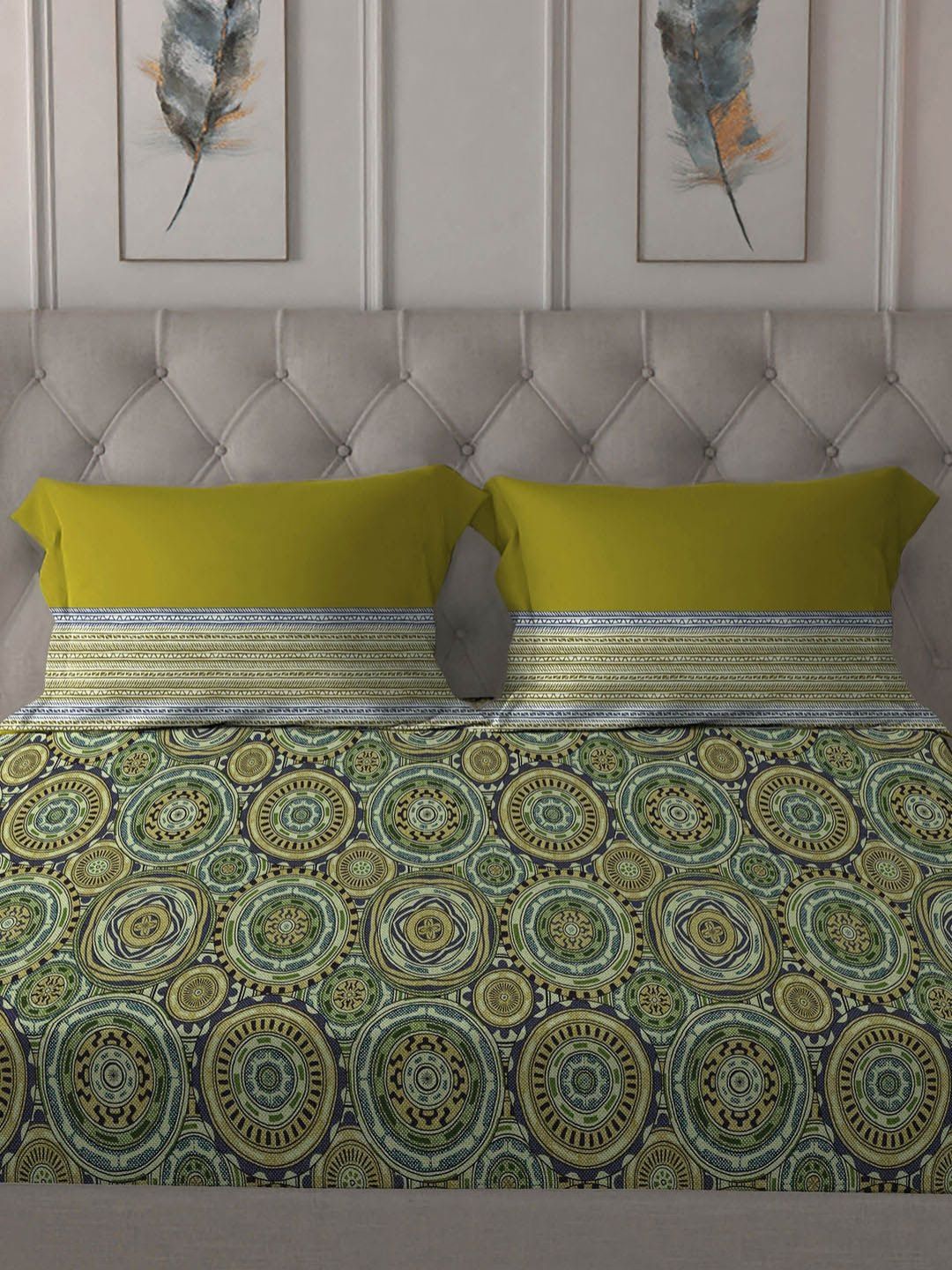 MYTRIDENT Blair Green Dusk & Dawn Flat 144TC Queen Cotton 1 Bedsheet with 2 Pillow Covers
