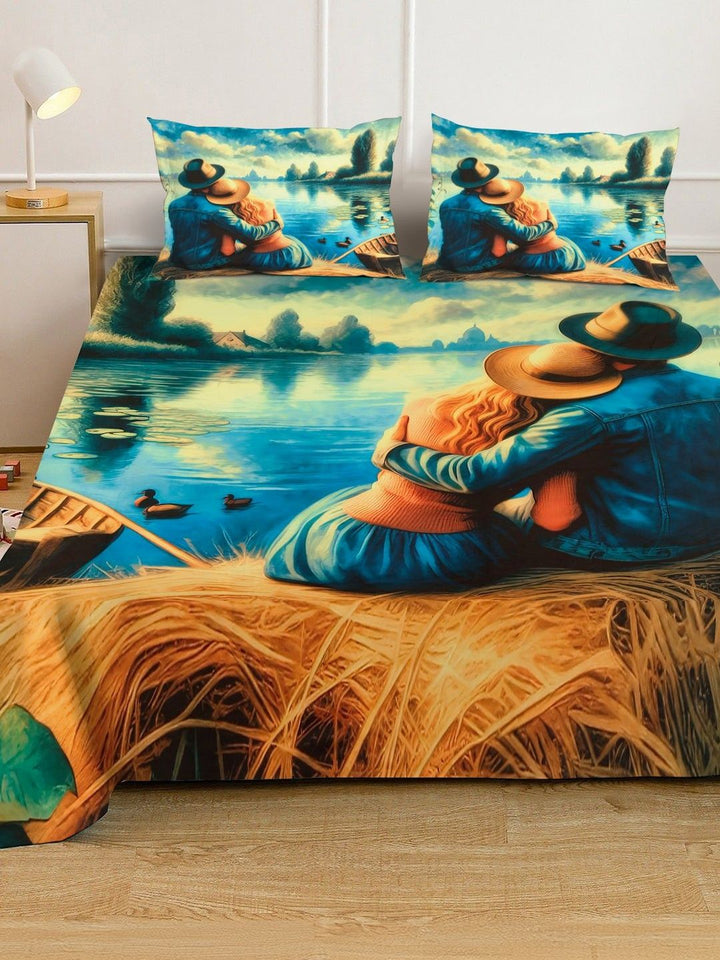KLOTTHE Biru & Coklat Bercetak 400 TC Cadar Katil Double Dengan 2 Sarung Bantal-98.4 x 88.5 Inci