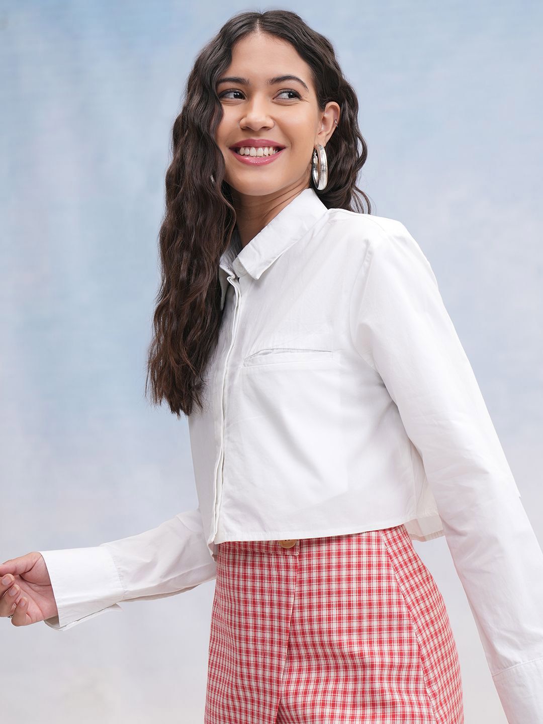 Tokyo Talkies Women Off Mock Pocket Crop Shirt