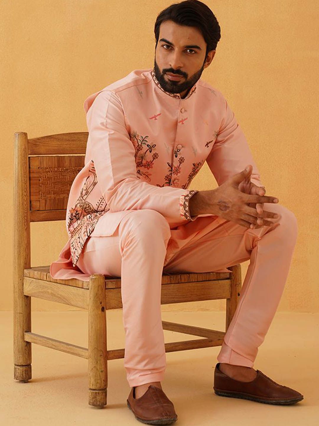 SOJANYA LUXE Thread Work Silk Cotton Straight Kurta with Churidar & Nehru Jacket
