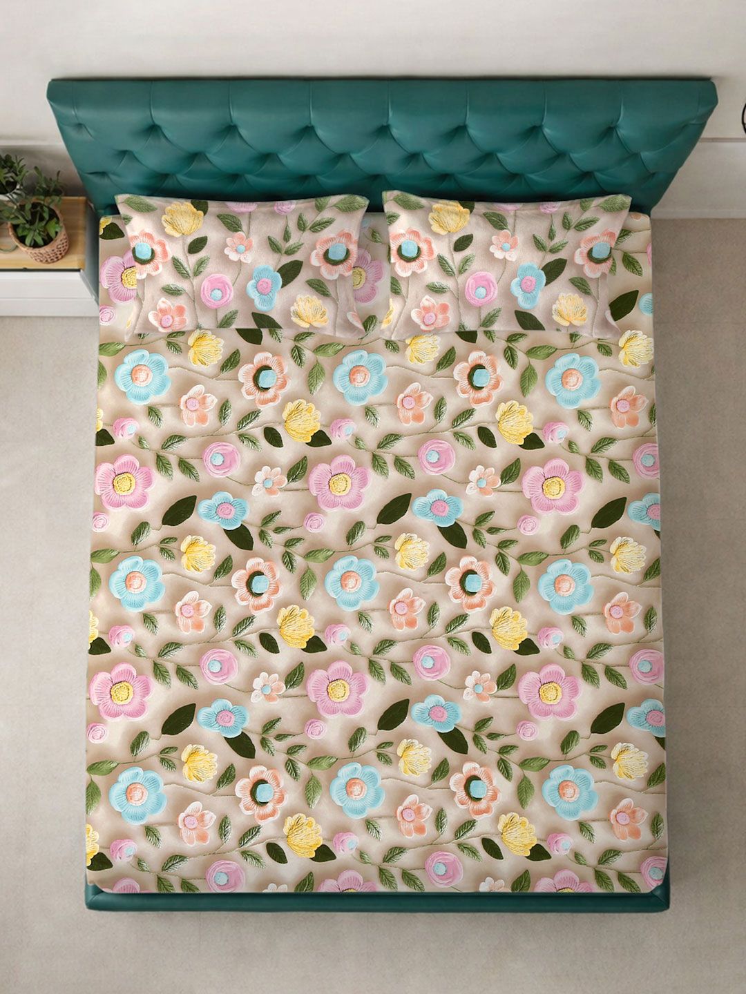 KLOTTHE Beige & Pink Floral Printed Fitted 300 TC King 7D Bedsheet With 2 Pillow Cover