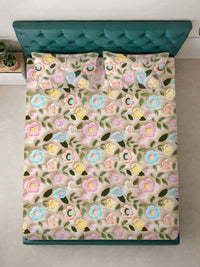 KLOTTHE Beige & Pink Floral Printed Fitted 300 TC King 7D Bedsheet With 2 Pillow Cover