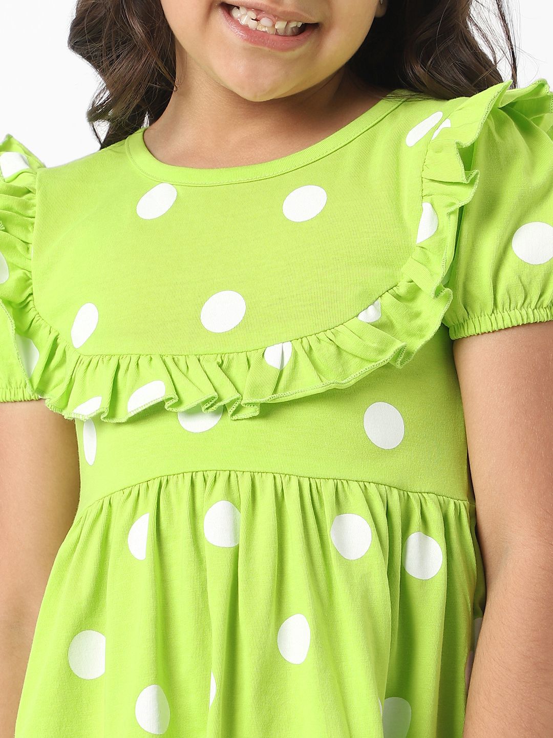 Nauti Nati Girls Green Jersey Cotton Polka Dot Fit and Flare Dress