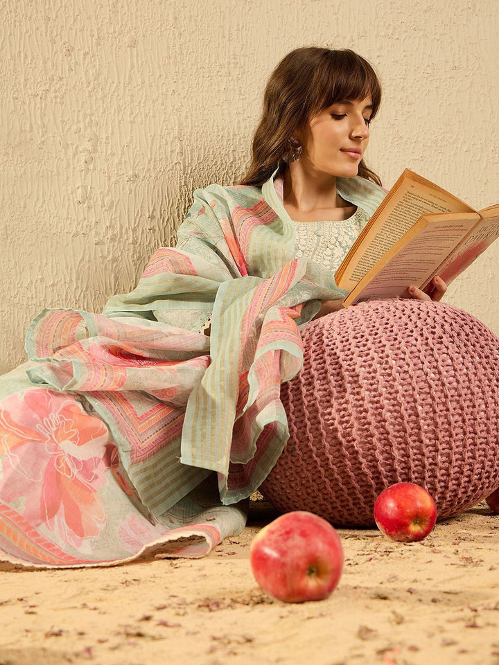 Indo Era Women Ethnic Motifs Printed Regular Chikankari Kurta with Trousers & With Dupatta
