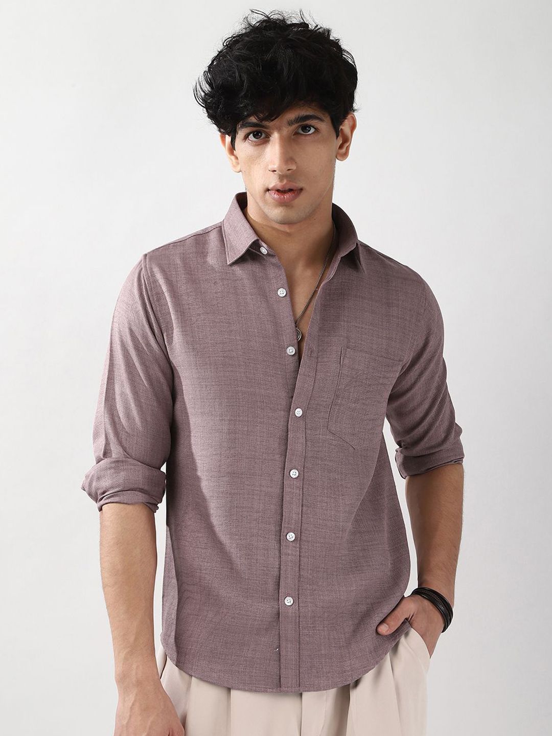 Urbano Fashion Men Purple Solid Linen Full Sleeve Relaxed Fit Casual Shirt