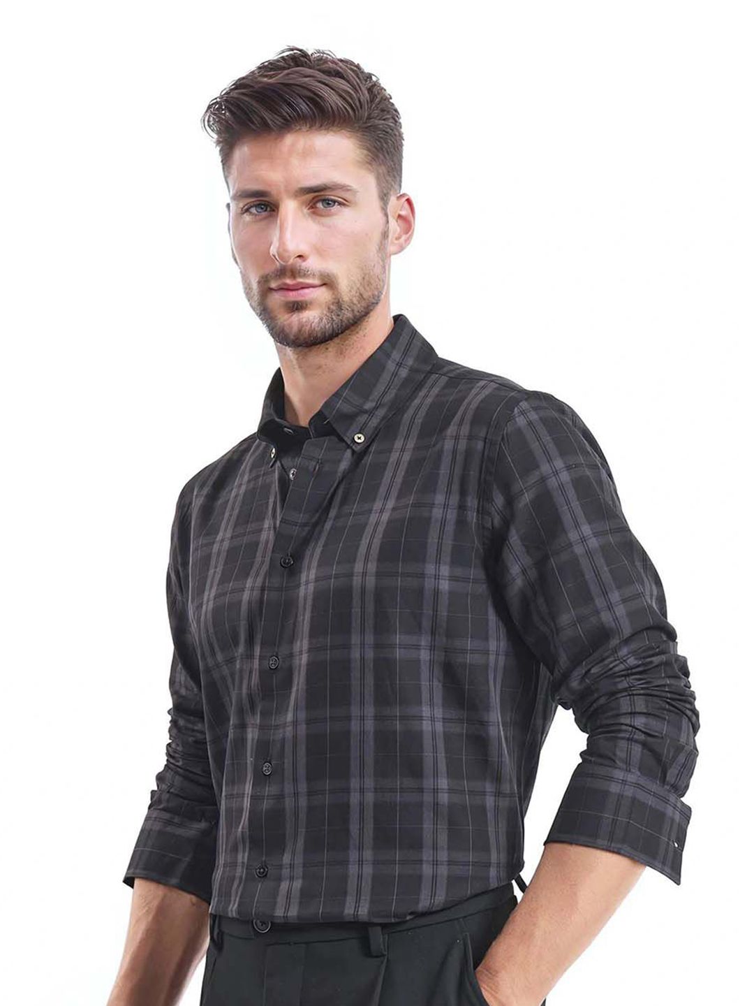 RARE RABBIT Men Comfort Button-Down Collar Tartan Checked Cotton Casual Shirt