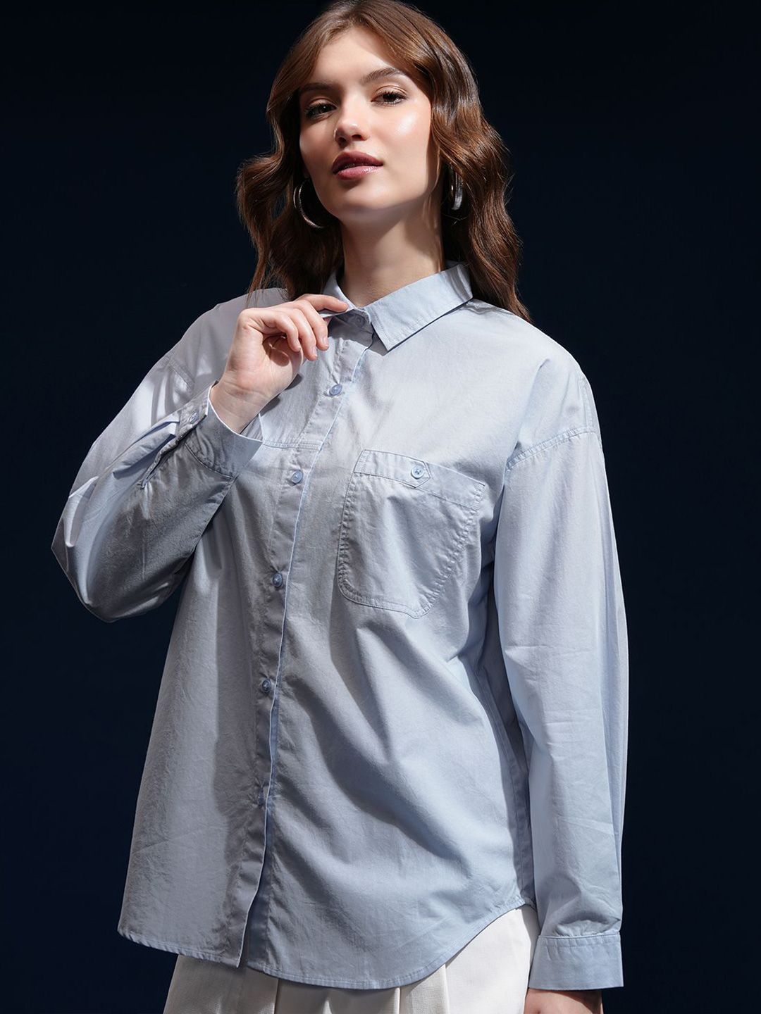CHIC BY TOKYO TALKIES Women Spread Collar Solid Cotton Oversized Casual Shirt