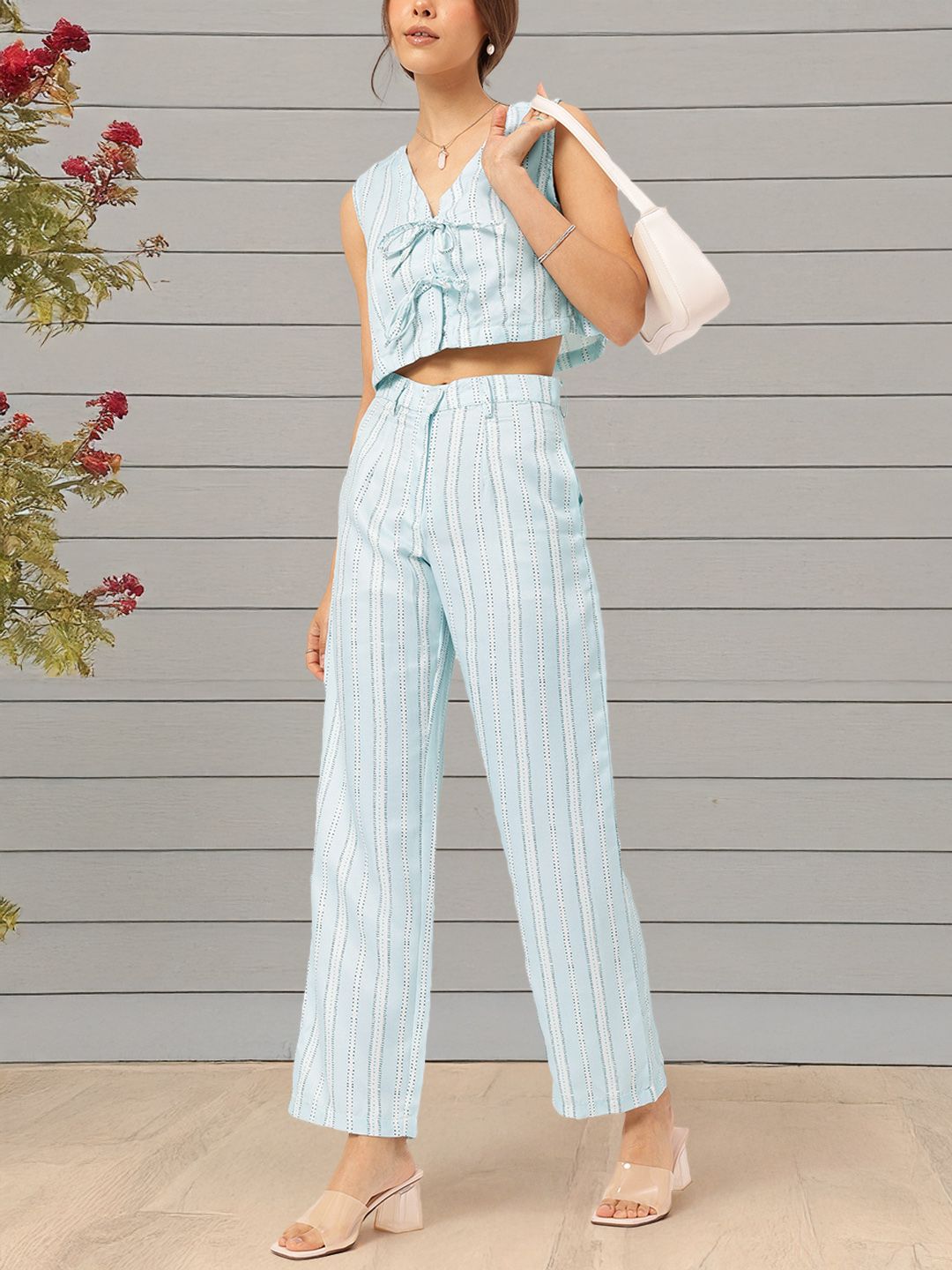 DressBerry Summer Vibes Striped Tie-Up Front Crop Co-Ords