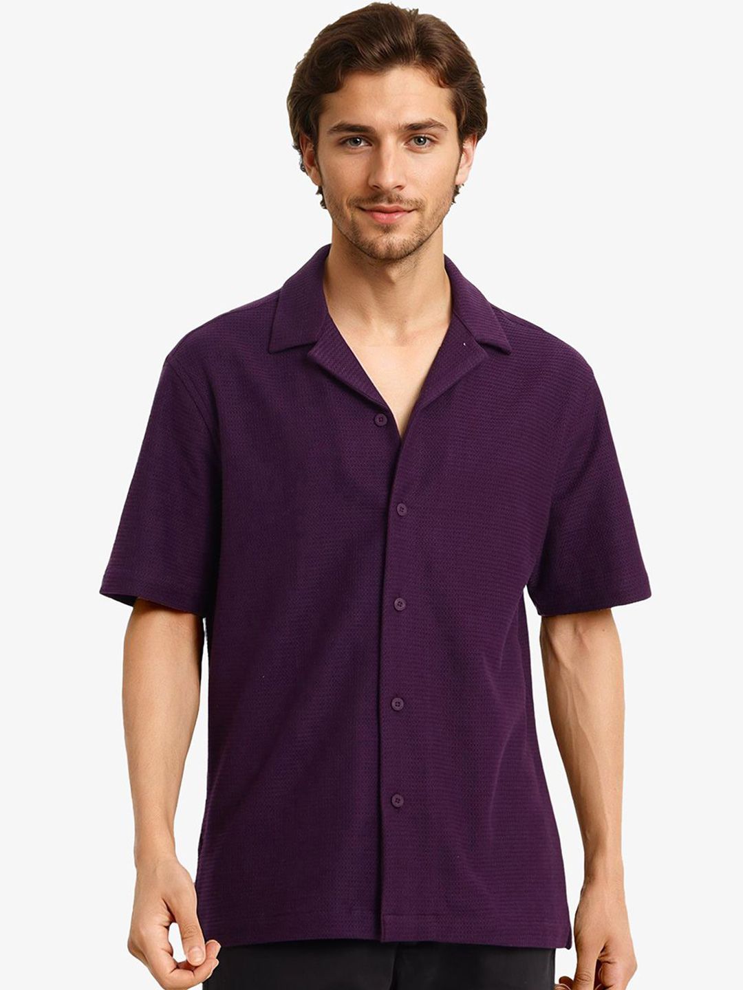 RARE RABBIT Men Comfort Cuban Collar Solid Cotton Boxy Casual Shirt