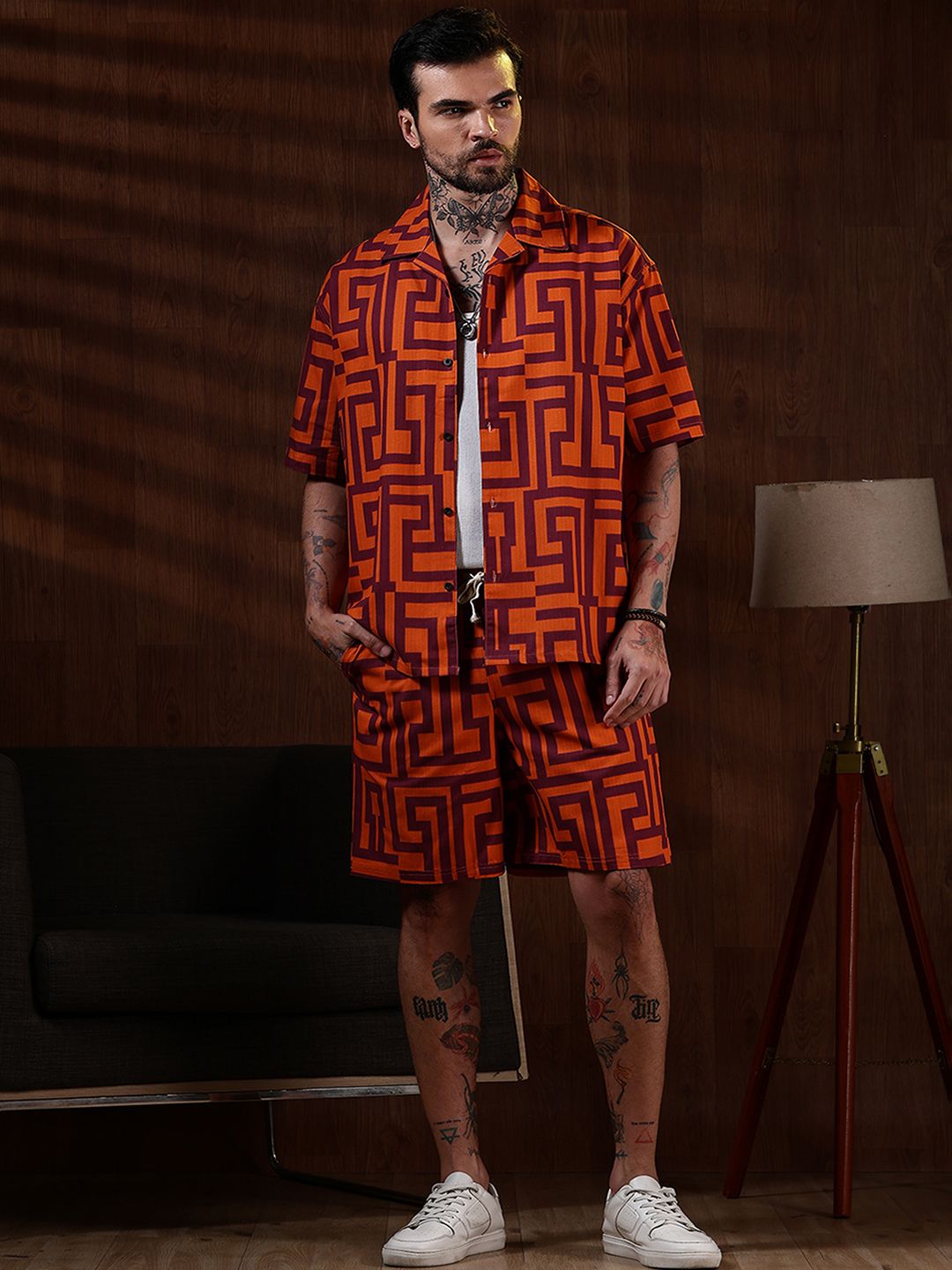 Eszett Geometric Printed Spread Collar Pure Cotton Shirt With Shorts Co-Ord Set