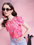 DressBerry Floral Print Gathered Detail Puff Sleeves Top