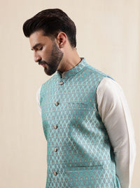 Anouk Men Kurta with Pyjamas with Woven Design Blue Nehru Jacket