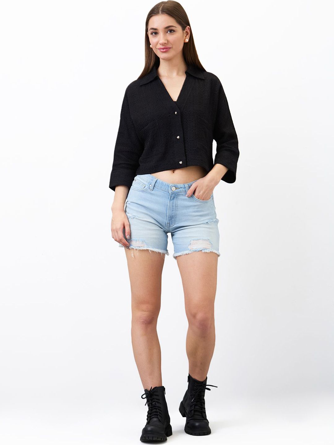 SPYKAR Women Boxy Fit Spread Collar Textured Casual Shirt