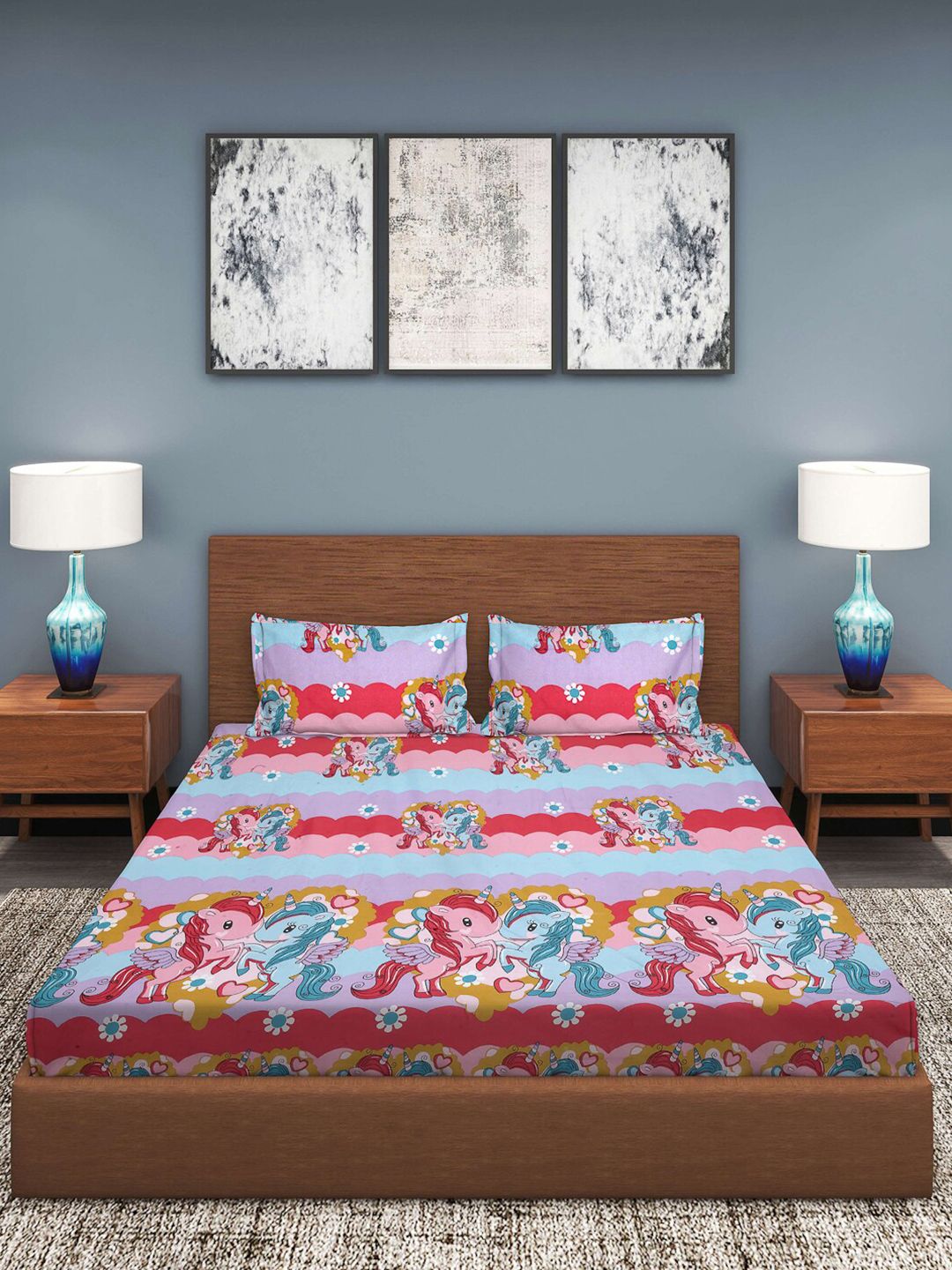 KLOTTHE Pink Conversational Polycotton 300 TC Fitted King Fine Bedsheet dengan 2 Sarung Bantal-98 x 89 inci