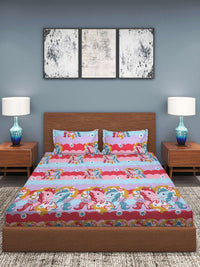KLOTTHE Pink Conversational Polycotton 300 TC Fitted King Fine Bedsheet dengan 2 Sarung Bantal-98 x 89 inci
