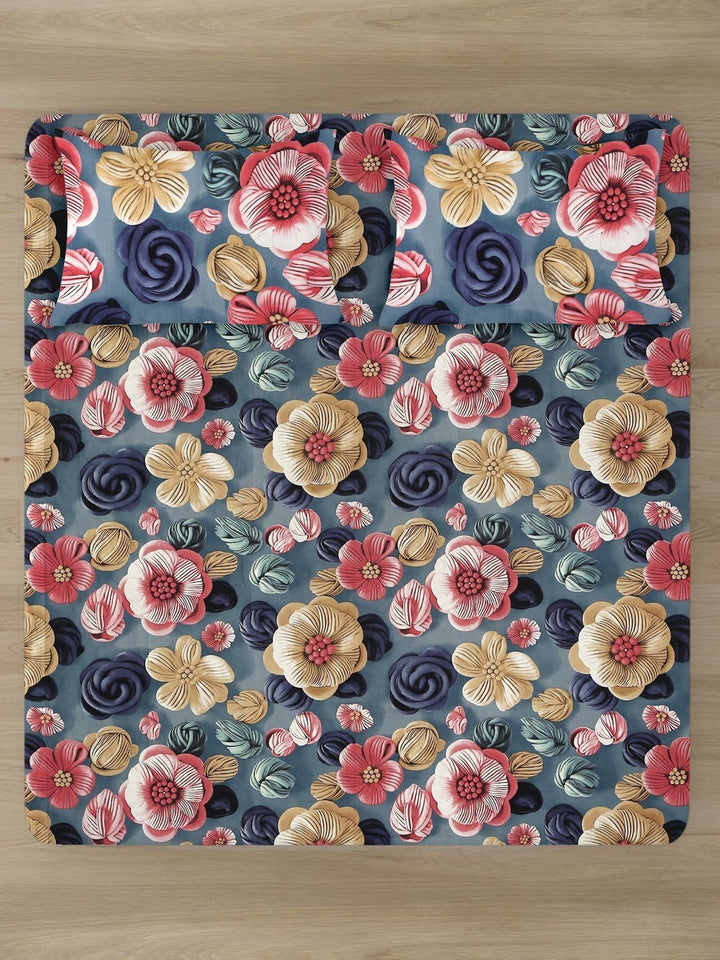 Myntra Elegant Blue Floral Printed Fitted 300 TC King 7D Bedsheet With 2 Pillow Covers