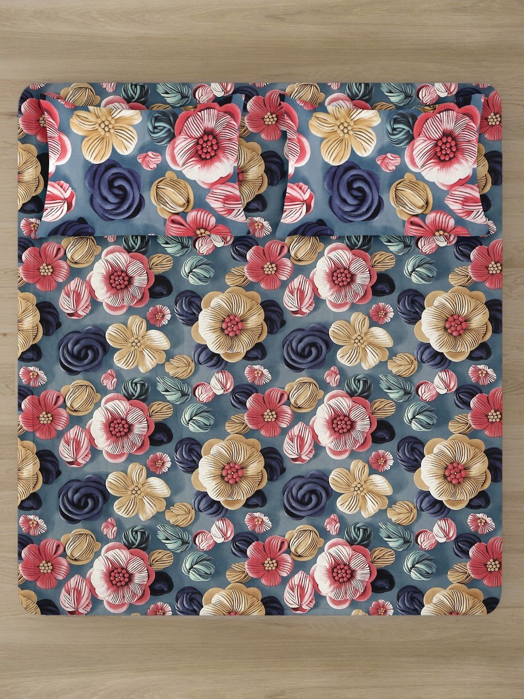 Myntra Elegant Blue Floral Printed Fitted 300 TC King 7D Bedsheet With 2 Pillow Covers