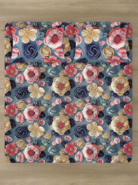 Myntra Elegant Blue Floral Printed Fitted 300 TC King 7D Bedsheet With 2 Pillow Covers