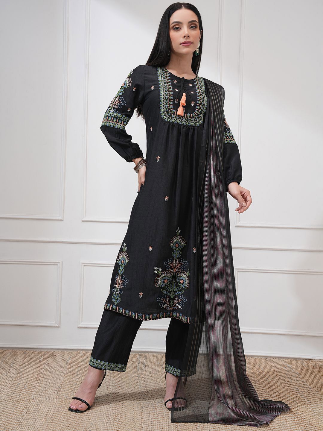 Vishudh Floral Embroidered Tie-Up Neck A-Line Kurta With Trousers & Dupatta