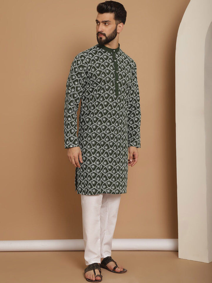 Anouk Green Ethnic Motifs Embroidered Regular Pure Cotton Kurta with Churidar