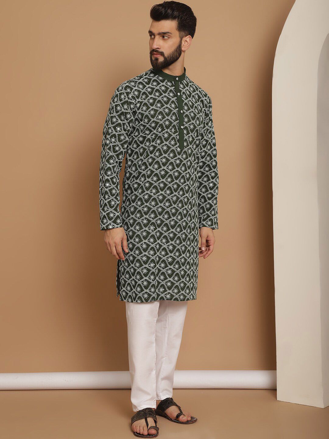 Anouk Green Ethnic Motifs Embroidered Regular Pure Cotton Kurta with Churidar