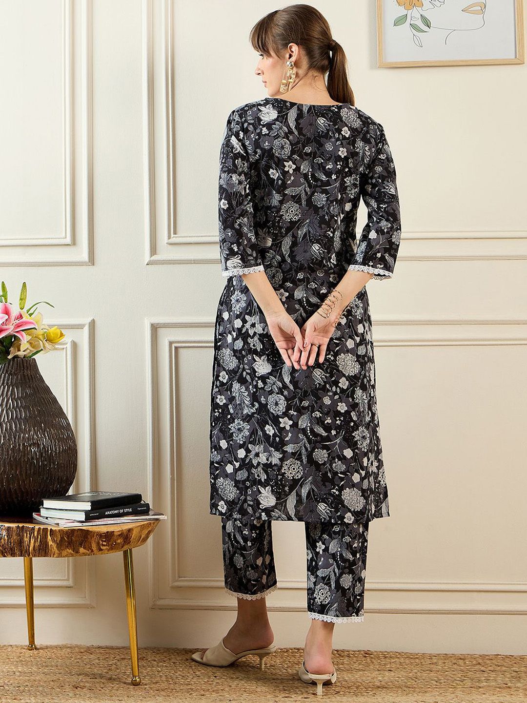 Indo Era Floral Printed Notched Neck Pure Cotton Straight Tunic With Trouser