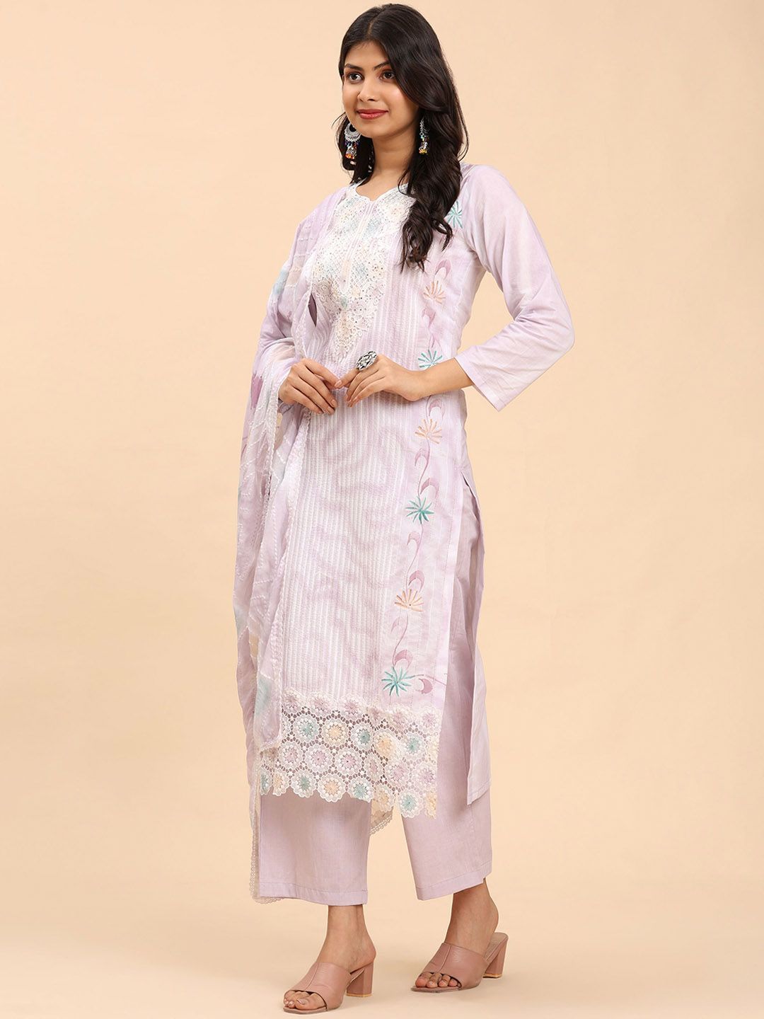Mamicha Wanita Bercetak Kurta Kapas Tulen Biasa dengan Palazzos & Dengan Dupatta