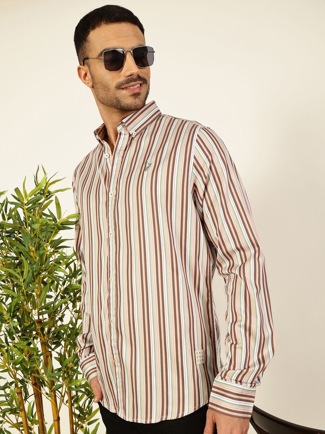 Thomas Scott Men Premium Spread Collar Multi Striped Cotton Slim Fit Casual Shirt