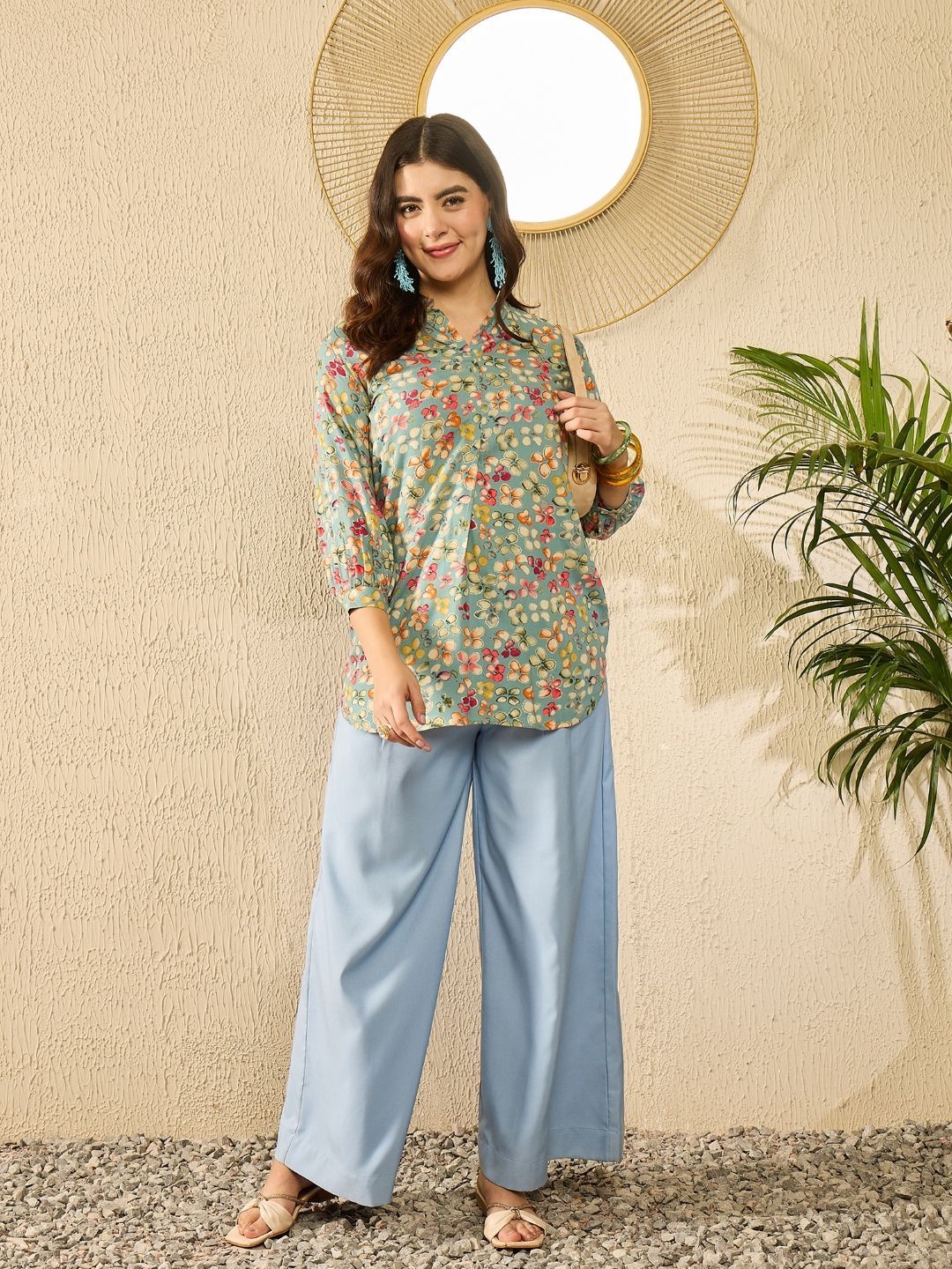 KALINI Women Floral Printed Cuffed Sleeves Mandarin Collar Top
