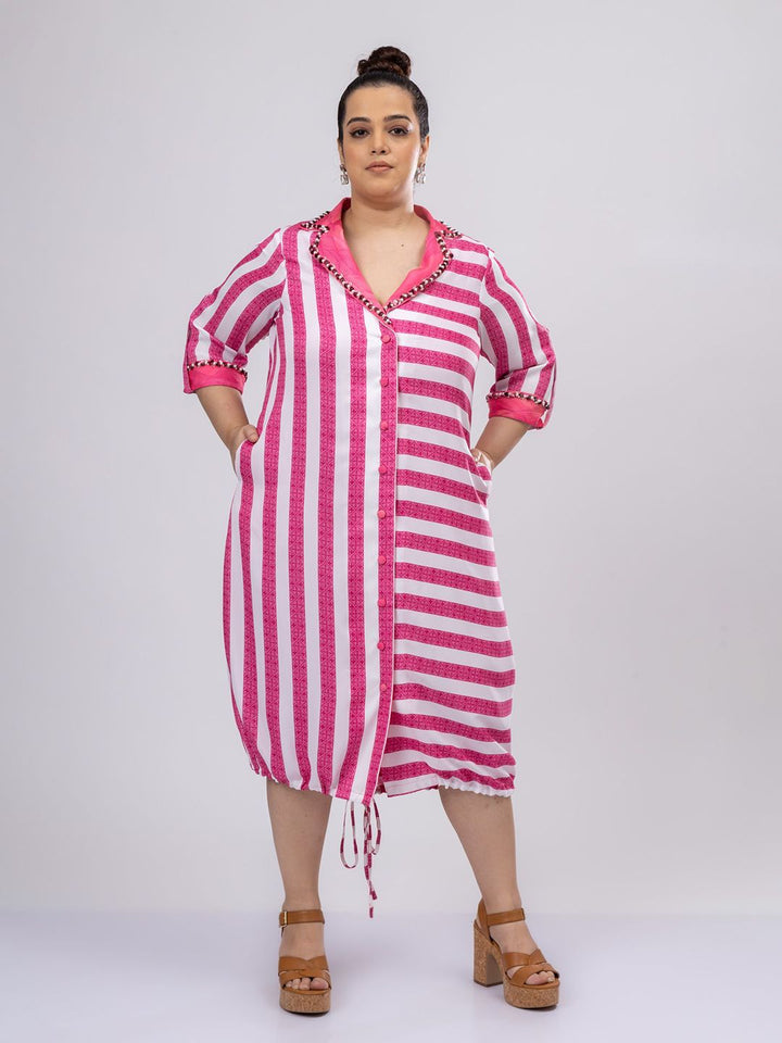 Mamicha Women Striped Shirt Collar Roll-Up Sleeves Midi Shirt Dress
