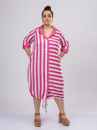 Mamicha Women Striped Shirt Collar Roll-Up Sleeves Midi Shirt Dress