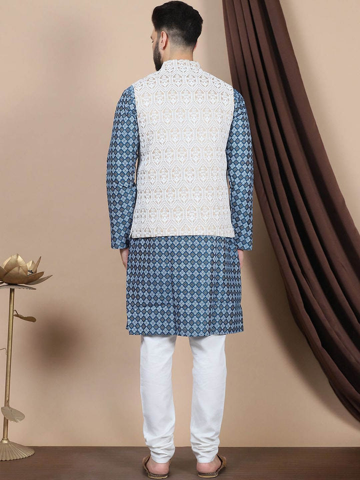 Anouk Teal Blue Ethnic Motifs Woven Design Mandarin Collar Straight Kurta & Nehru Jacket