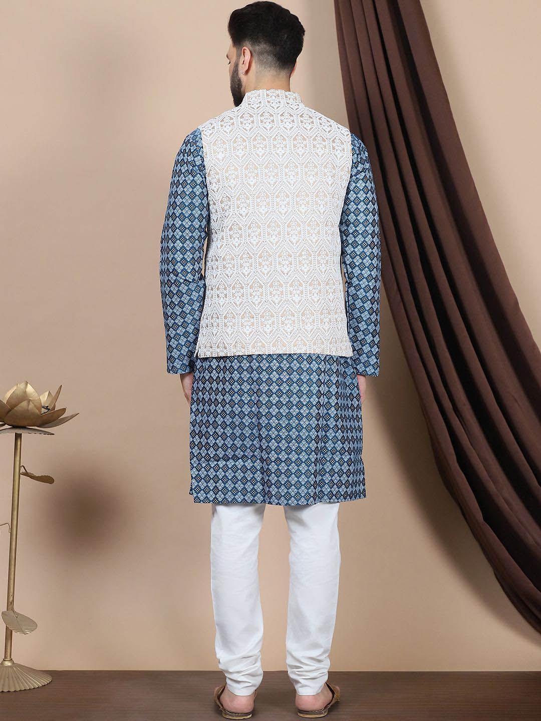Anouk Teal Blue Ethnic Motifs Woven Design Mandarin Collar Straight Kurta & Nehru Jacket