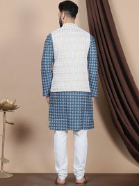 Anouk Teal Blue Ethnic Motifs Woven Design Mandarin Collar Straight Kurta & Nehru Jacket
