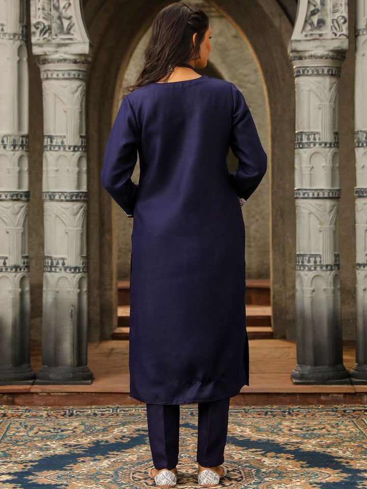 House of Chikankari Women Blue Woolen Aari Sulam Set Kurta