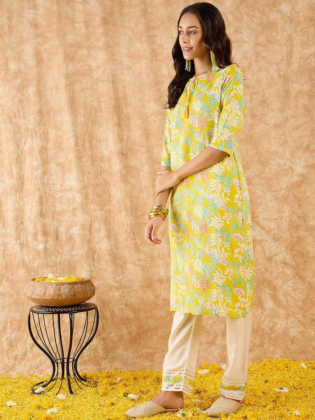 Indo Era Floral Printed Straight Kurta with Trousers