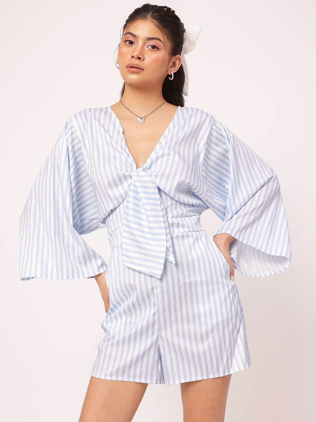 DressBerry Sassy & Stylish Tie-Up Striped Flared Sleeves Playsuit