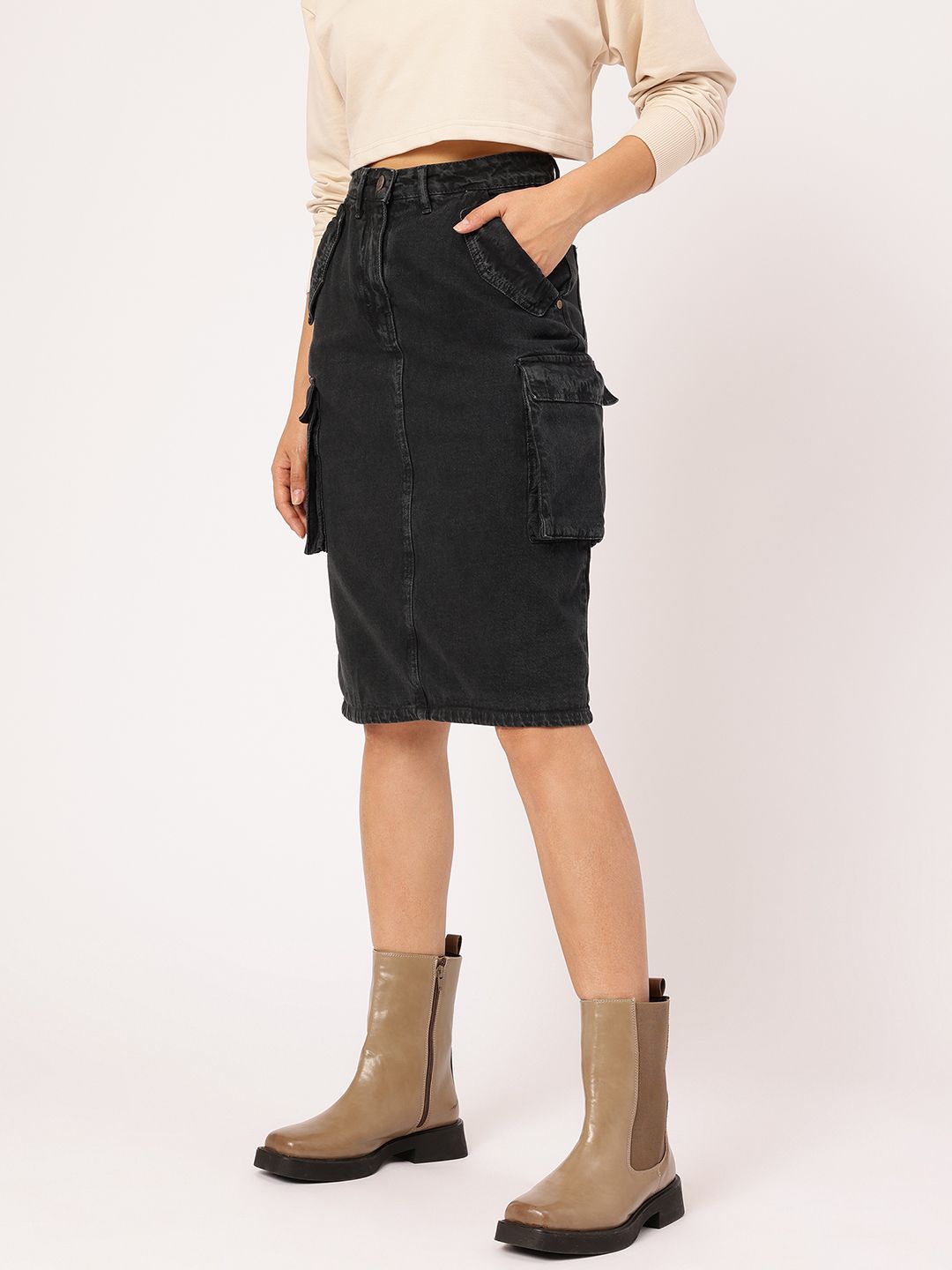 DressBerry City Chic Back Slit Cargo-Style Denim Skirt