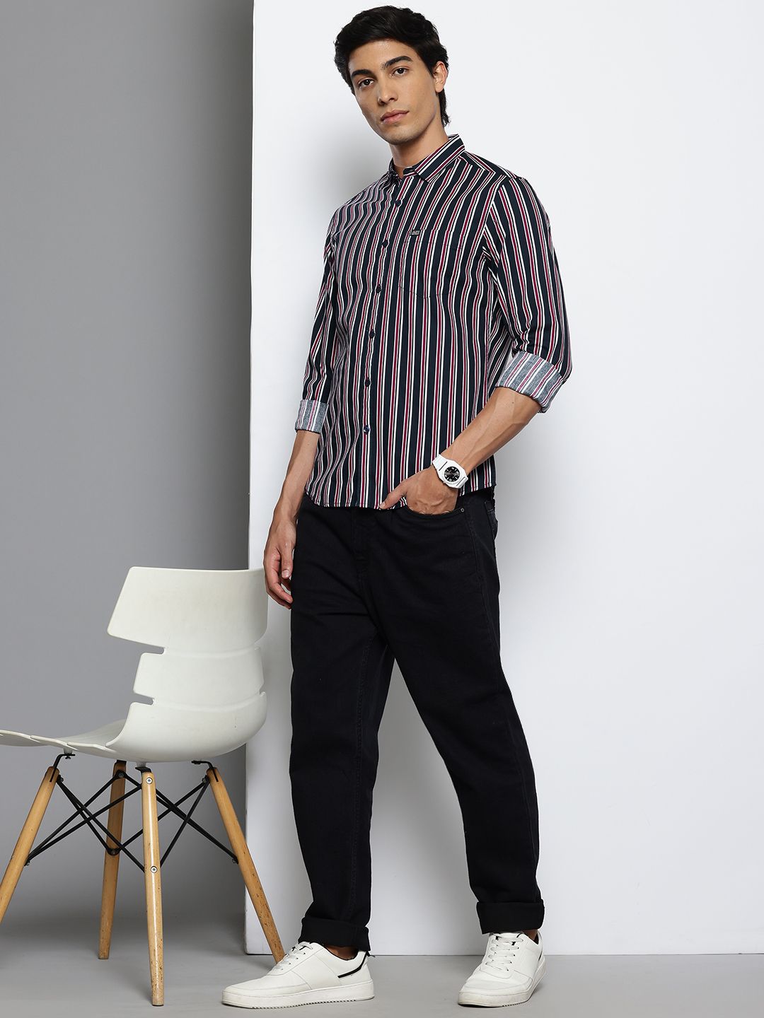 The Indian Garage Co Slim Fit Striped Pure Cotton Shirt