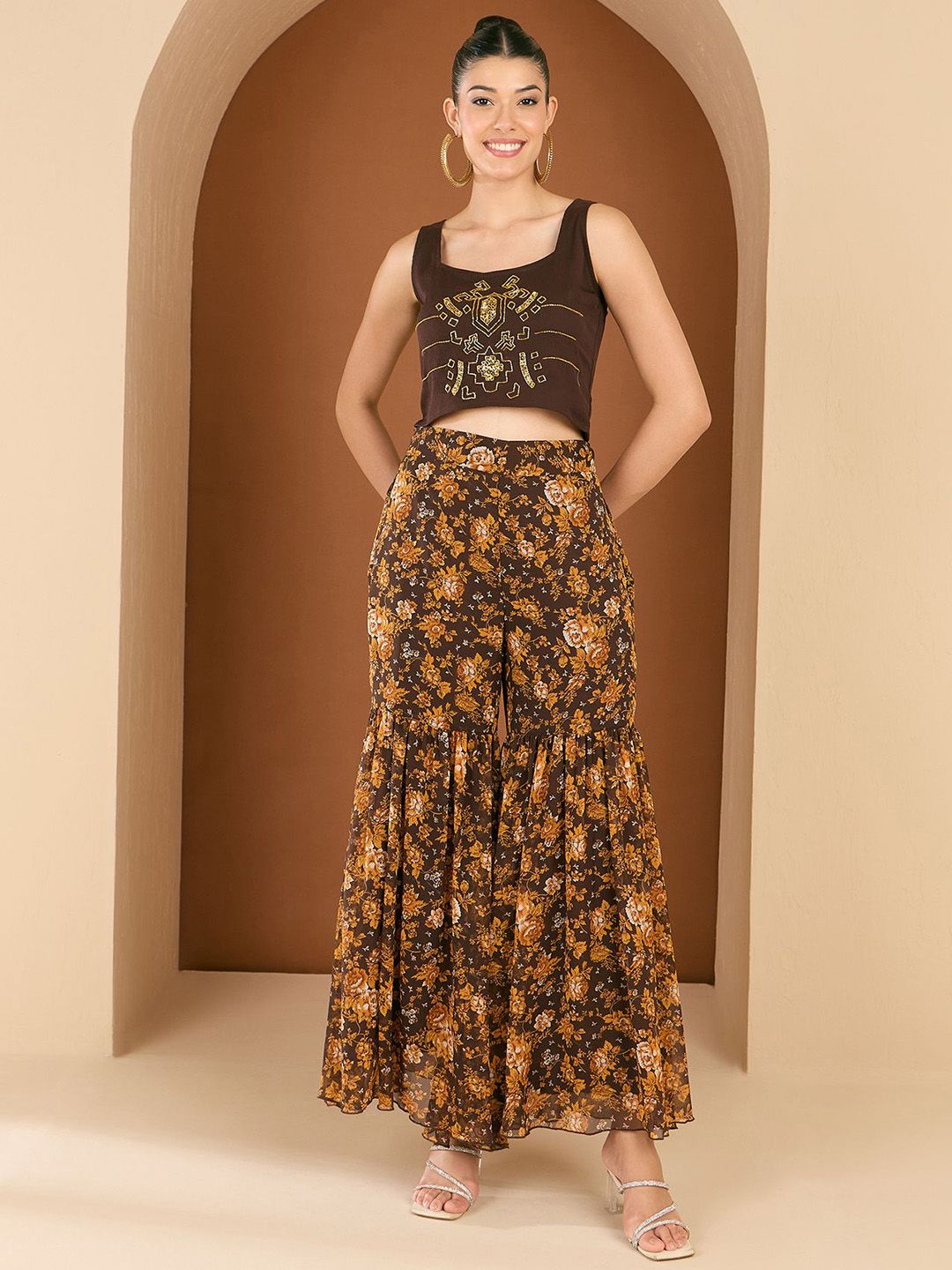 Antheaa embellished Printed Square Neck Top Jacket & Trousers Co-Ords Set