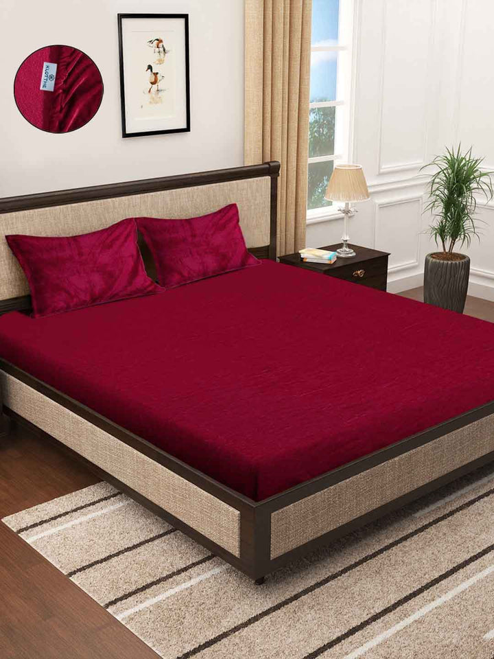 KLOTTHE Merah Pepejal Dipasang 300 TC Bulu Katil King Double Dengan 2 Sarung Bantal