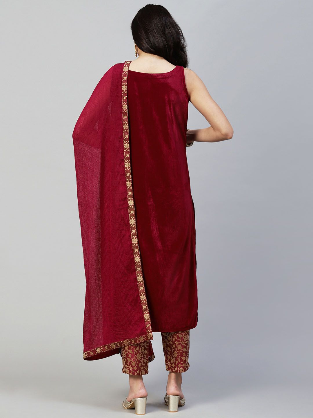 KALINI Ethnic Motifs Embroidered Velvet Straight Kurta With Trousers & Dupatta